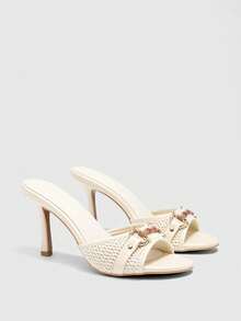 CUCCOO BIZCHIC Women's Metal Decor Fashion Daily Wear High Heel Slide Sandals For Christmas - Beige - View 2