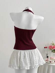 Comfortcana Women's Y2K Contrast Lace Bowknot Decor Deep V Sexy Halter Neck Top New Year's,Red Top - Red - View 2