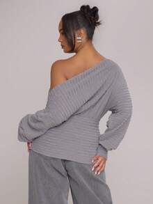 MUSERA Blusa de manga larga con hombros descubiertos, cintura ceñida y drapeado, texturizada, para otoño, estilo callejero, chica cool Y2K, uso diario casual en tono sepia - Gris - Ver 4