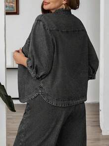 EMERY ROSE Blouse en jean décontracté à boutons pour grandes tailles - Noir - Voir 2