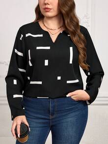 Miaspire Camisa Casual de Manga Longa Feminina com Decote em V e Estampa Geométrica em Plus Size, Primavera/Verão - Preto e Branco - Visão 4