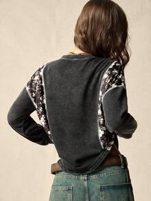 SoleilVie 女士拼接碎花落肩长袖纽扣半开襟休闲宽松卫衣 - 黑色 - 查看 6