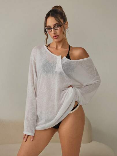 Damtröja med långärmad, lös och avslappnad passform och knappar i enfärgad färg, halvslå med nedsänkta axelband