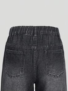 少女时尚休闲户外上学日常约会穿着宽松直筒弹力腰纽扣水洗牛仔裤 - 黑色 - 查看 8