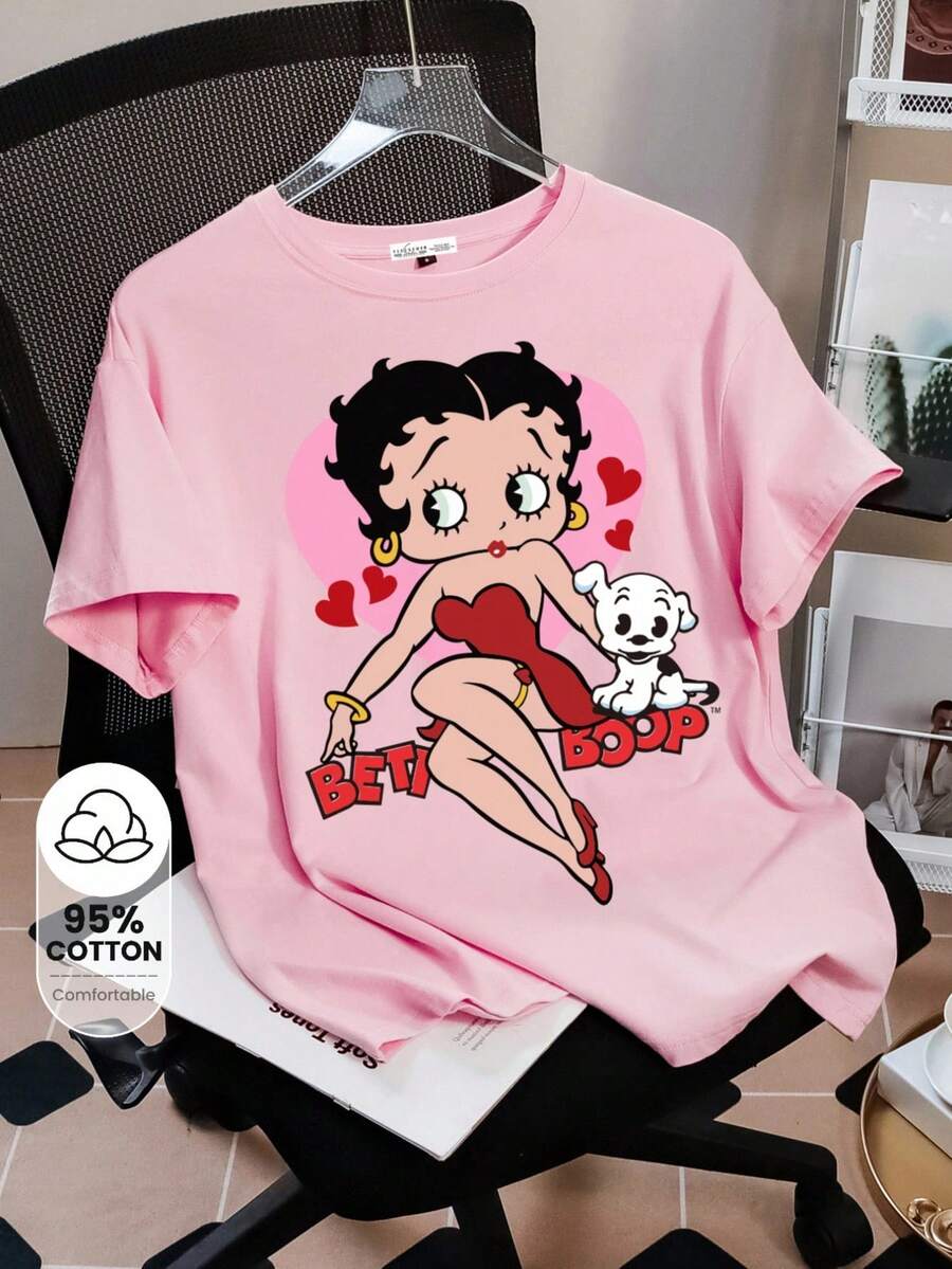 Betty Boop x SHEIN 女士卡通字母印花圆领短袖 T 恤