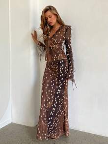 Aloruh 女士优雅网纱透视荷叶边系带上衣和低腰鱼尾裙，两件套连衣裙 - 彩色 - 查看 5