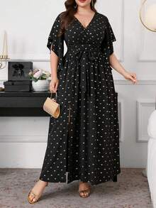 SHEIN Clasi Robe de soirée élégante pour femmes grandes tailles avec nœud papillon, col en V métallique, manches évasées, taille nouée, froncée et fente - Noir - Voir 4