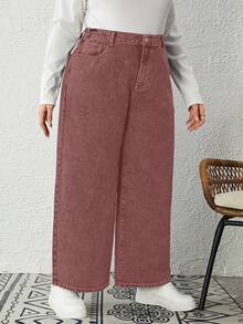 EMERY ROSE Plus Size Spring Simple Slant Pocket Loose Straight Leg Non-Stretch Jeans - Rust Brown - View 2