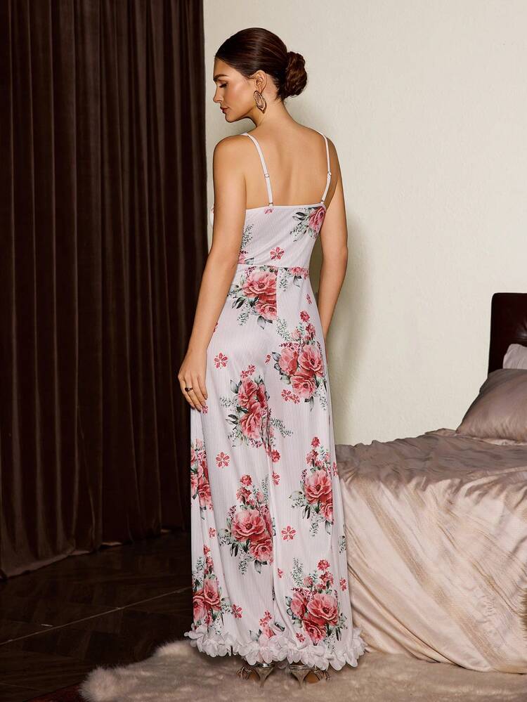 Slumberist جمبسوت قصيرة مطبوعة بالزهور والدانتيل للنساء، جذابة - أبيض - مشاهدة 2