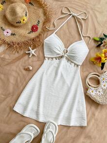 Soleia Frühlings-/Sommer-Neuheit, lässiges Urlaubsoutfit, Hochzeitsgast-Garderobe für Strand-Hochzeiten, Abschlussfeier-Brunch-Kleid, St. Patrick's Day, Frühjahrsferien, Ostern, Musik-Festival, elegantes, boho-tropisches Rückenfreies Minikleid mit strukturierter Strickoptik und Metalldekoration für Damen - Weiss - Übersicht 4
