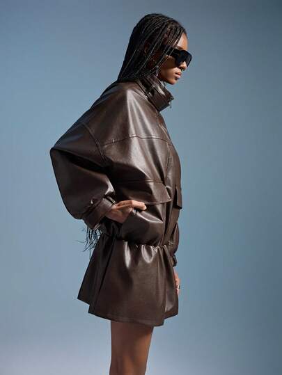 Aveloria Affinna Retro French Style Casual Stand Collar Cinched Waist PU Leather Jacket, Loose Fit Leather Outerwear