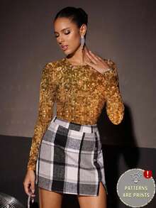 Glamance Vecteezy Camiseta de mujer de manga larga, cuello redondo, ajuste ceñido, con decoración de lentejuelas - Amarillo - Ver 1