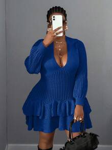 Maweii Plus Size Women Casual Solid Color Ruffle Hem Deep V-Neck Sweater Dress - Blue - View 3