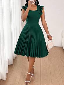SHEIN Lady Váy ngắn thanh lịch viền bèo nhún vai màu trơn dành cho nữ - màu xanh lá - Xem 5