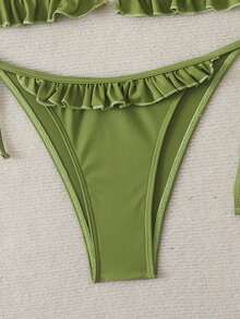 Swim Mod 女士泳衣 夏季沙滩纯色荷叶边挂脖系带两件式比基尼套装