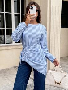 Serisse Women's Elegant Blue And White Stripe 2-Piece Set,Asymmetric Drop Shoulder Long Sleeve Shirt With Shawl,Autumn Office Commute Minimalist Blouse Top - Blue and White - View 7