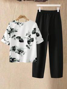 SHEIN LUNE 2件套女士碎花圆领短袖上衣和裤子，新年休闲装 - 黑色 - 查看 2
