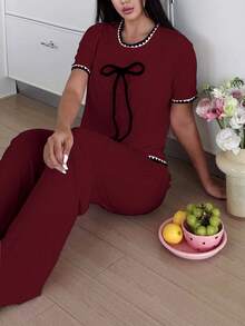 SweetSlumber Bộ đồ ngủ nữ màu tương phản họa tiết nơ 3D dễ thương - Màu Đỏ Sâu - Xem 7