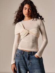 AiiRZ Long Sleeve Twisted Front Knot Detail Top Round Neck Fitted Blouse Fall Winter Layering Essential Casual Wear - White - View 1