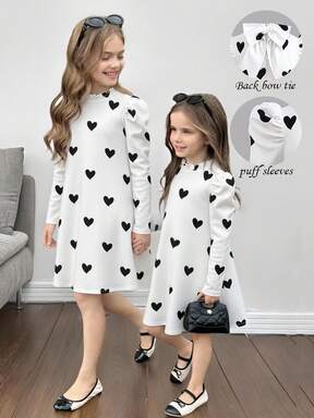 Tween Girl Loose Casual Minimalist Comfortable Stand Collar Backless Bow Heart Pattern Dress