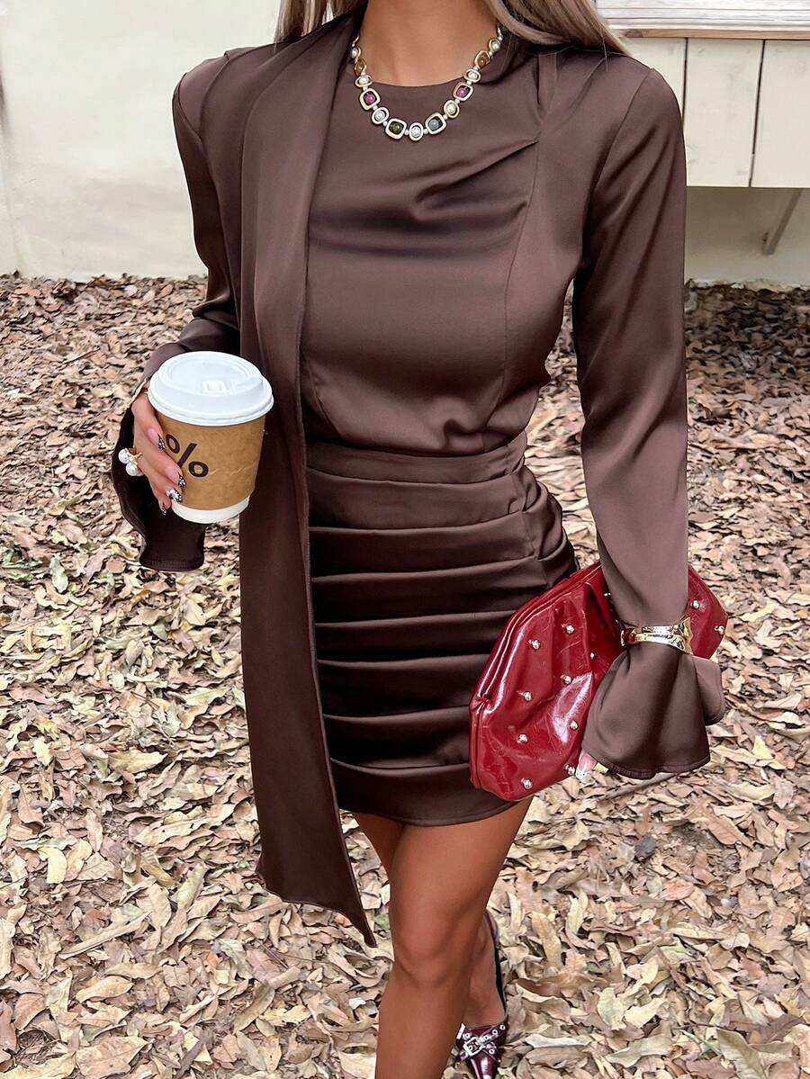 Siren Gaze Rochie de damă din satin de culoare solidă, cu guler drapat, cu volane, plisată, cu mânecă lungă, rochie vintage elegantă pentru doamne, rochie de seară, ținută de Anul Nou, Ziua Îndrăgostiților, întâlnire romantică, rochie luxoasă - imagine 3