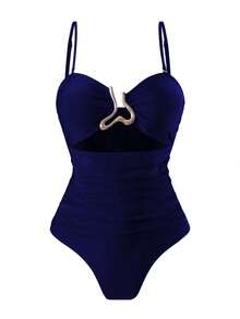 Swim Oasis 2026 New Women's Solid Color 2-Piece Strap Hollow Out Swimsuit With Mesh Maxi Skirt, Summer Casual One Piece Swimsuit Set Navy Blue Outfit Women Swimwear 3 Pieces Set Navy Blue Skirt Navy Blue Swimsuit Women's Navy Blue Outfit - Blue - View 3