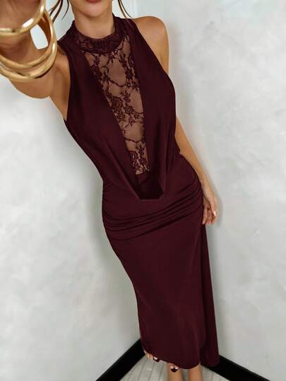 SHEIN BAE Black Lace Plunging Neck Bodycon Dress, Black Lace Dress