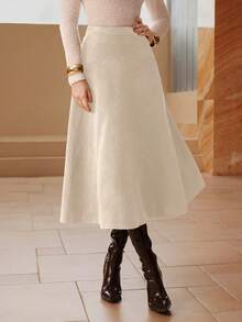 Modelyn 纯色仿麂皮绒优雅长款喇叭裙 - 杏色 - 查看 4