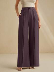 Anewsta بنطلون نسائي ذو تصميم ساق مطوية أنيق وراقي، باللون البني الداكن - الأرجواني - مشاهدة 6