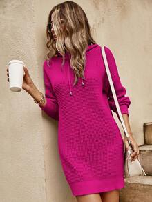 SHEIN Cottnline Drop Shoulder Drawstring Hooded Sweater Dress - Purple - View 5