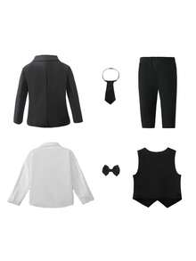 6pcs Baby Boy Formal Suit Set, Including Light White Long Sleeve Shirt, Black Tie & Bow Tie, Matching Vest, Jacket And Pants. The Light White Shirt Looks Especially Elegant In The All-Black Suit, Making The Whole Outfit Look Neat And Fashionable, Suitable For Holiday Events, Formal Occasions, Weddings, Wedding Guests, Ring Bearers, Groomsmen, Back To School Season - Multicolor - View 2