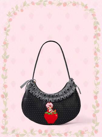 Borsa a tracolla da donna con volant, stampa a pois e fragole, di moda