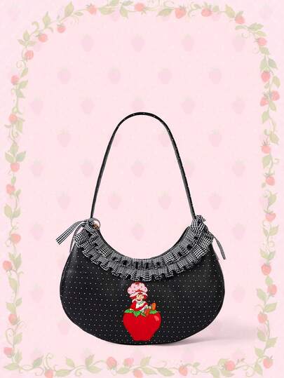 Borsa a tracolla da donna con volant, stampa a pois e fragole, di moda