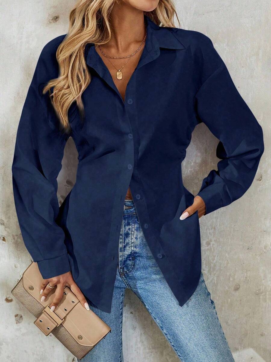 Chiquease 女士休闲、商务、通勤弧形下摆宽松长袖衬衫，纯色，百搭，春秋季 - 寶藍色 - 查看 1