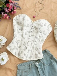 Soleia 女士复古宫廷风彩色花卉提花印花抹胸露脐上衣，带纽扣和后系带 - 彩色 - 查看 3