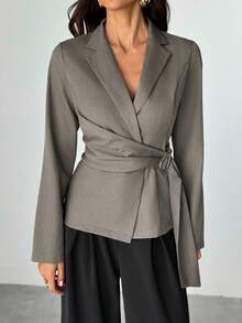 SHEIN Tall Women's Metal Decoration Brown Gray Imitation Linen Waist Suit Jacket/Fall Women Clothes/Fall Outfits Women /Fall Outfits/Back To School/Homecoming/Business Casual Woman /Old Money Style Women/Office Outfits For Women/Going Out Outfits,Fall Clothes For Women - Mocha Brown - View 3