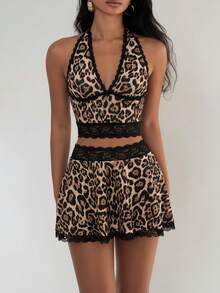 Zestiva Women's Summer Beach Leopard Print Contrast Lace Halter Low Waist Shorts & Cover Up 2 Piece Set - Multicolor - View 3