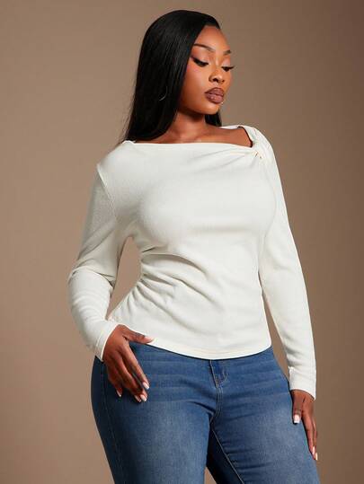 SHEIN SXY 大码女装秋冬新款纯色磨毛罗纹斜领褶裥长袖T恤，修身休闲上衣，适合秋季穿着