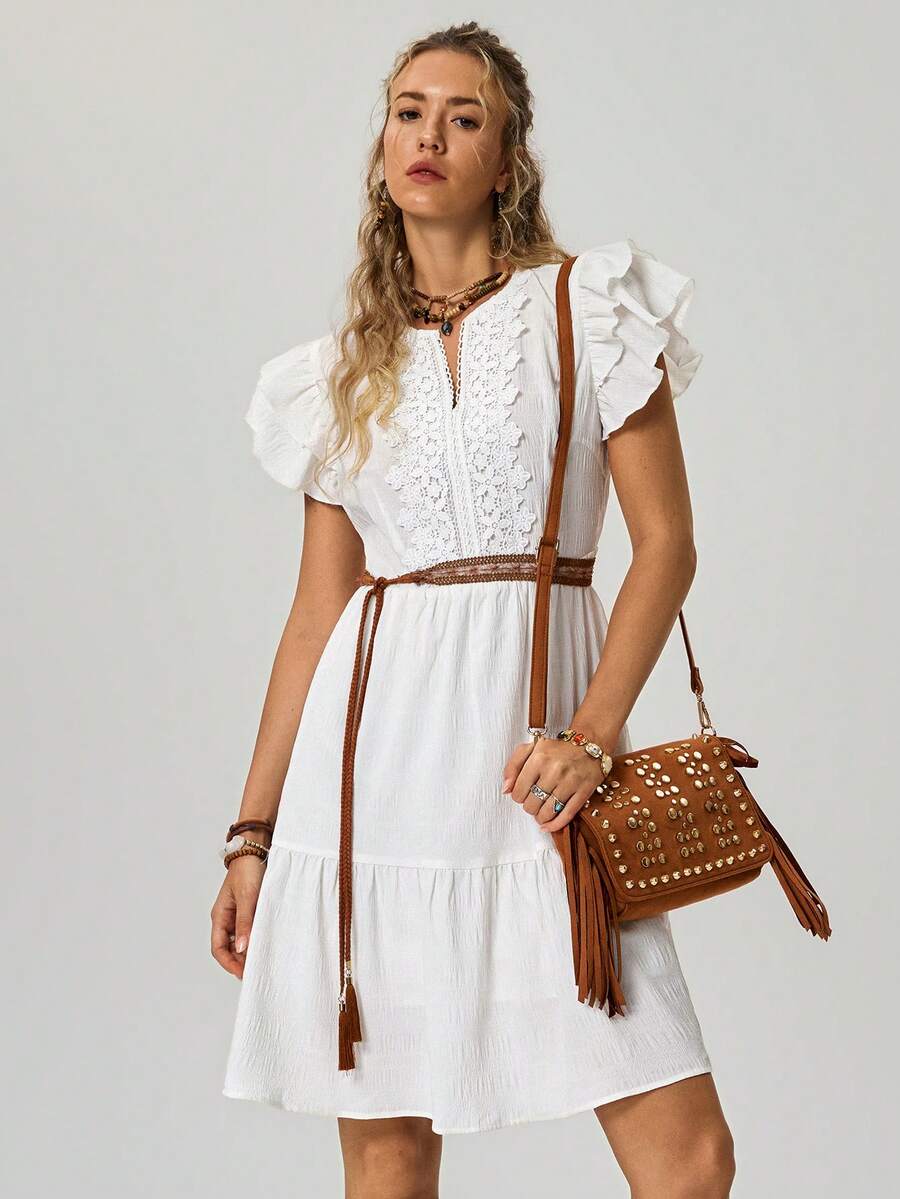 Freevana 女士夏季白色双层荷叶袖短款连衣裙，蕾丝边V领A字连衣裙，度假沙滩休闲碎花连衣裙，浪漫早春约会连衣裙 - 白色 - 查看 1