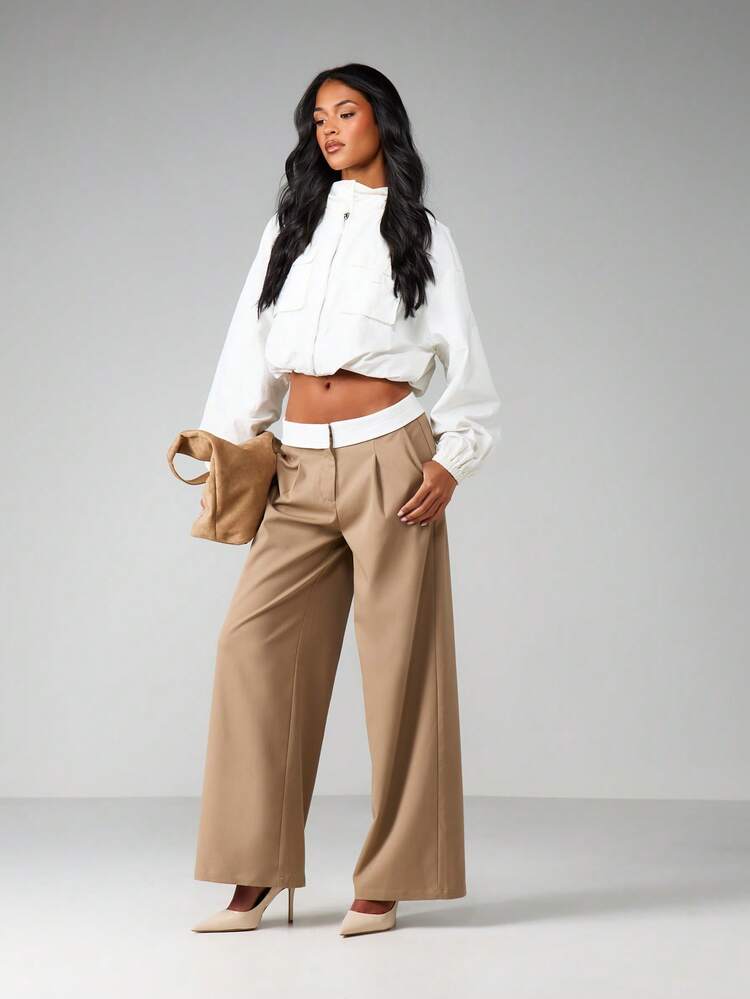 MISSGUIDED Pantalones anchos de talle alto tipo palazzo para mujer con detalle de cinturón, pantalones de vestir elegantes para la oficina