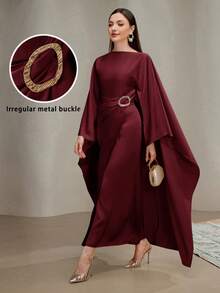 Veilorie 女士优雅纯色不对称金属环连衣裙 - 酒紅色 - 查看 1