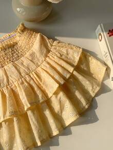 Comfortcana 2025秋冬新款时尚女装腰部收褶刺绣荷叶边可爱A字裙 春季女装 情人节沙滩装 度假装 黄色裙子 - 黃色 - 查看 6