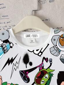 Teen Titans Go X SHEIN Tween Boy Short Sleeve Casual Graffiti Cartoon Pattern T-Shirt, Summer - White - View 3