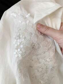 Airaco Camisa casual de mujer de manga larga con decoración de aplicaciones y abotonadura sencilla - Blanco - Ver 5