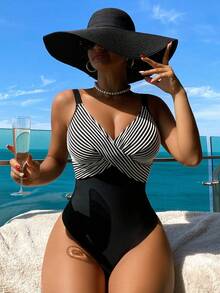 Swim Lushoire 1pc Striped Special Fabric Crisscross Front One-Piece Swimsuit Summer - Black and White - View 3