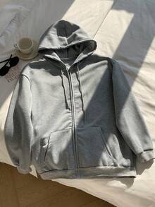 SHEIN EZwear 纯色拉链抽绳连帽卫衣，长袖上衣，适合毕业季、返校季、毕业典礼、教师节等场合，秋冬季返校季必备单品 - 淺灰色 - 查看 6