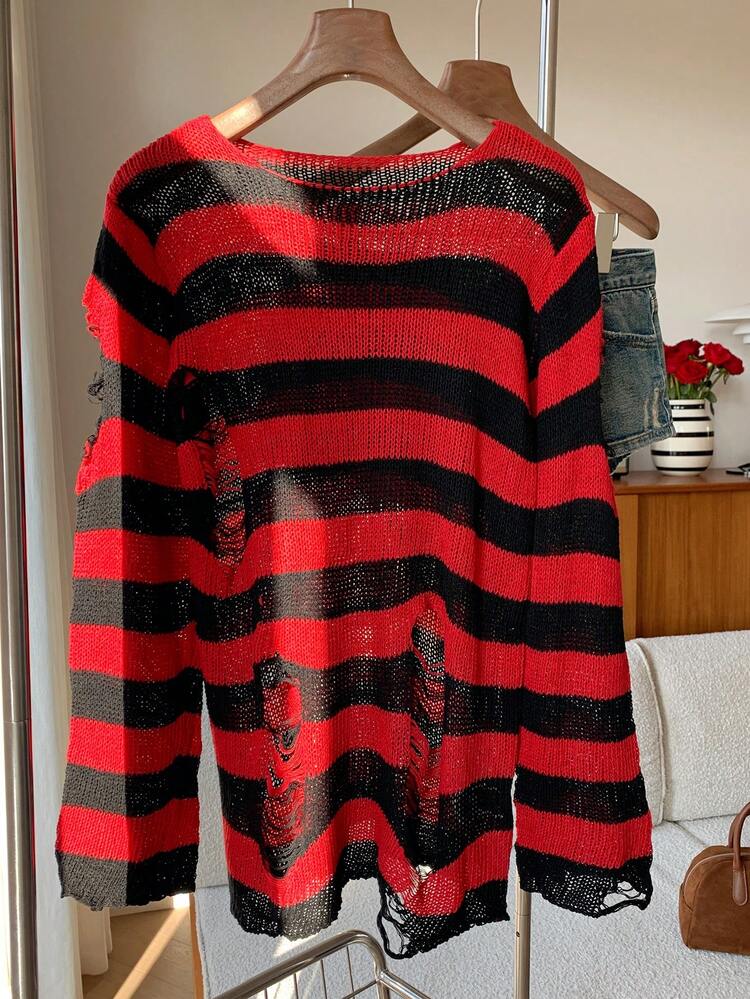 Striped Ripped Detail Sweater,Long Sleeve Tops,Knitted Sweater In Fall/Winter