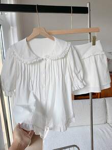 Comfortcana 女士纯色彼得潘领短泡泡袖衬衫和迷你裙两件套 - 白色 - 查看 3