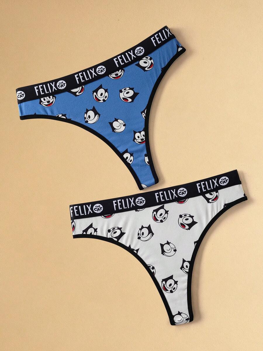 Felix The Cat X SHEIN Women's Comfortable Cute Cartoon Pattern Letter Jacquard Thong Panties - Blue and White - View 1