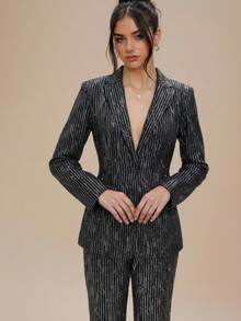 SHEIN BAE Frühling/Herbst Damen Rundhals Langarm Fransen Pailletten Dekor Konzert Musik Festival Schwarze Jacke, modische & coole Damen Oberbekleidung, sexy Weihnachts-/Halloween-Party Outfit, Thanksgiving Pailletten Winter Damenkleidung